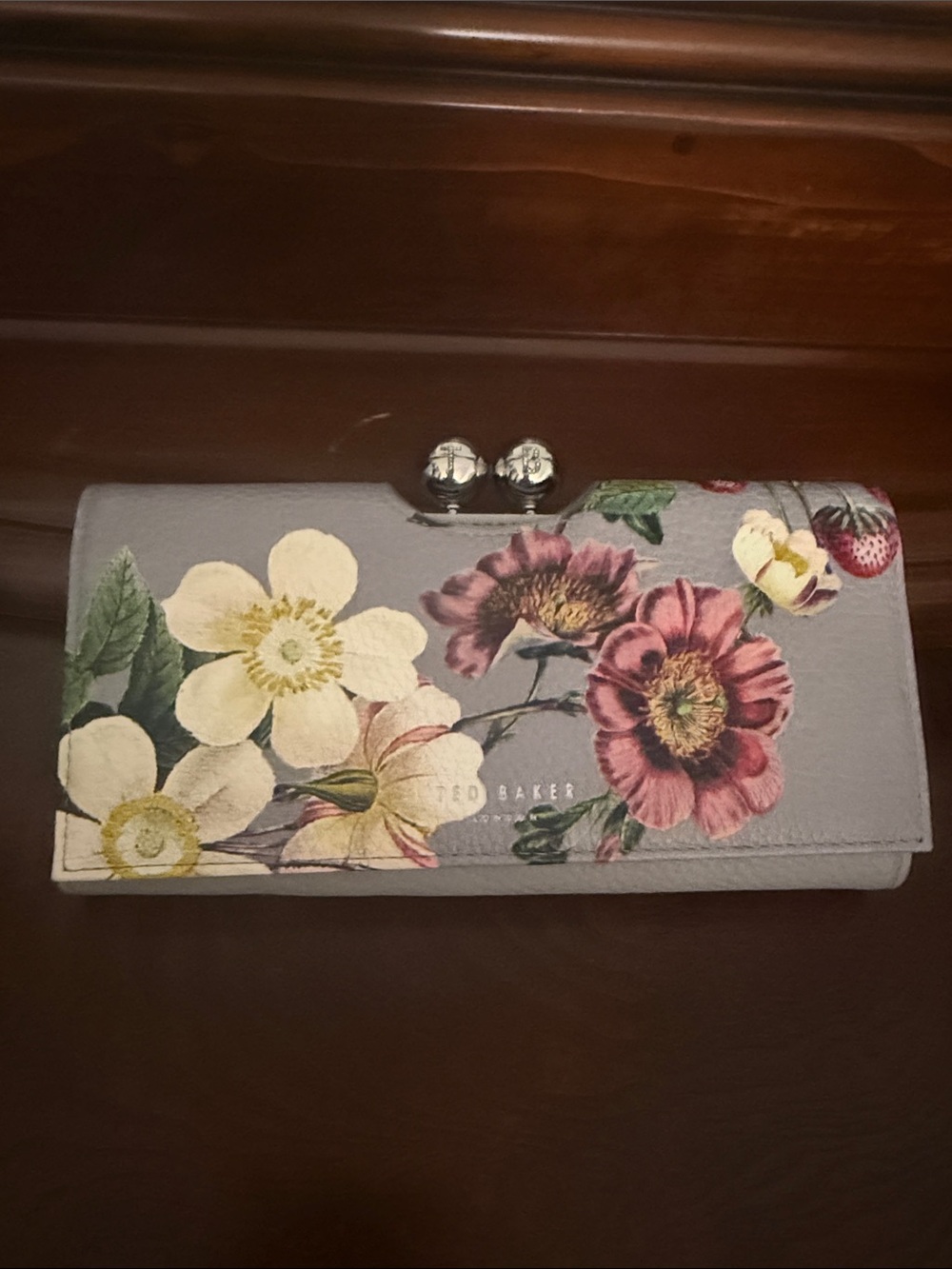 Ted Baker Gray Floral Clasp Wallet with Pink & Yellow Blooms